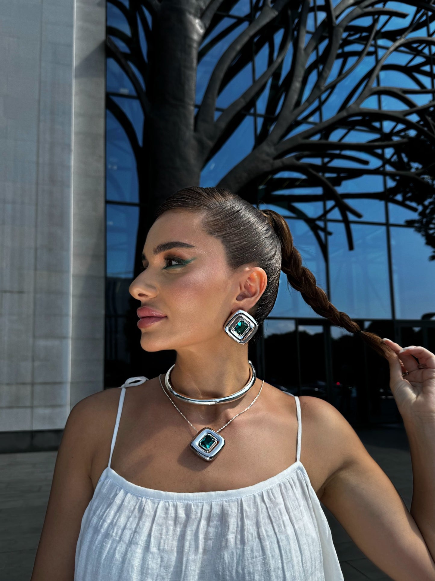"Emerald Shape Greenish Gemstone" Necklace