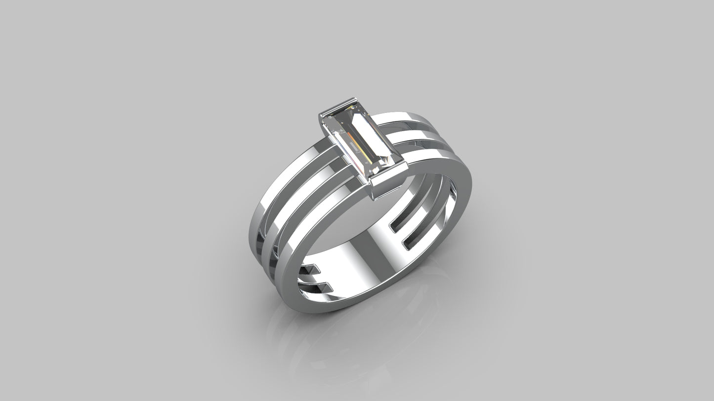 Geometric Silver Ring with Baguette-Cut Stone