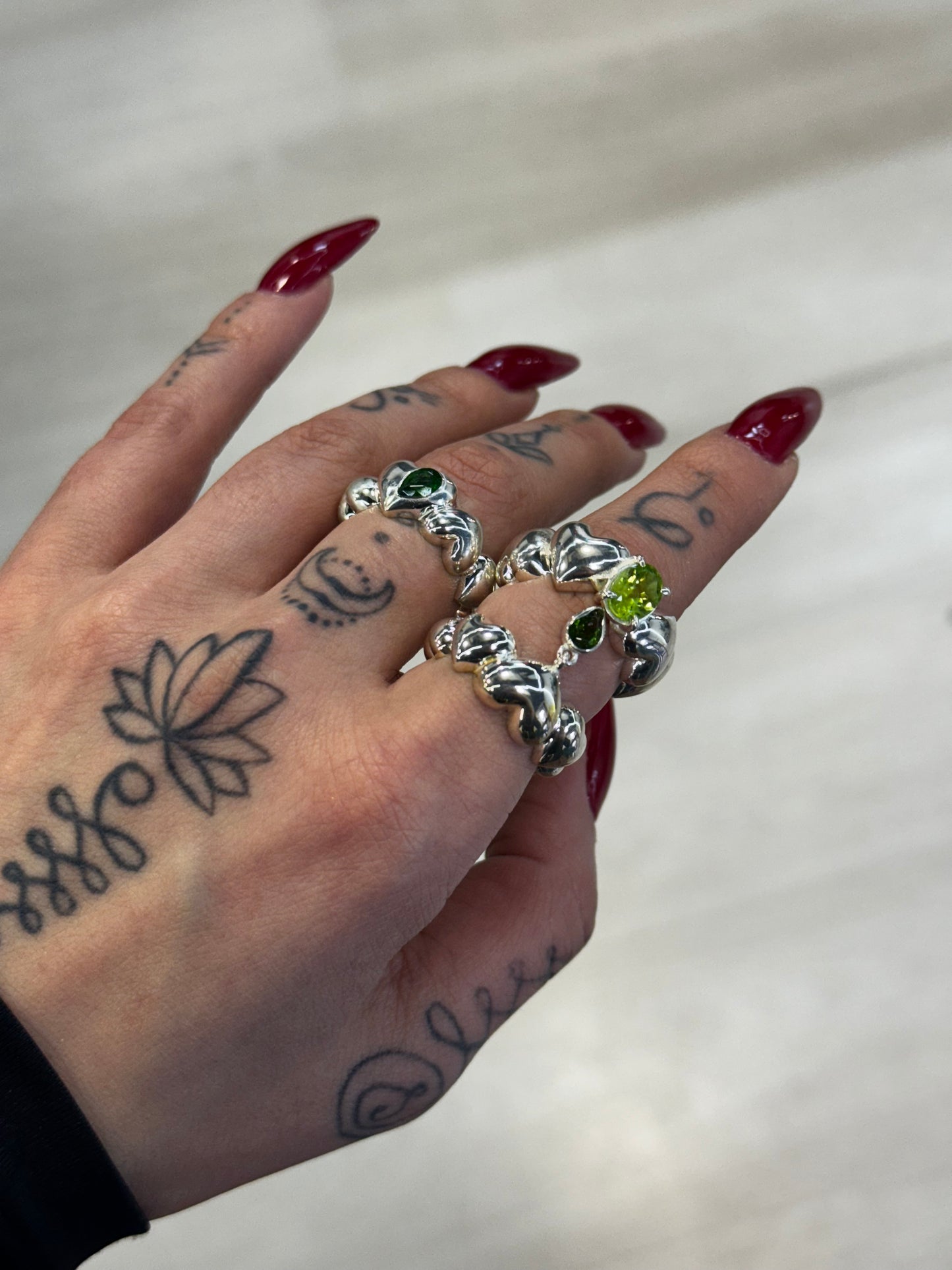 Puff Heart Ring with Natural Green Peridot