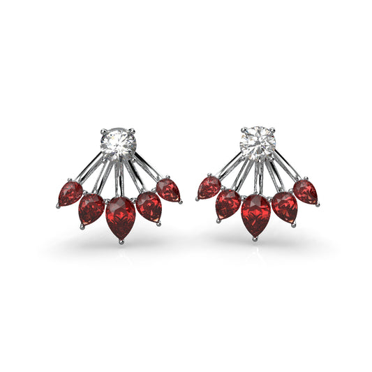 "Red Gem Fan" Earrings with Center Stone